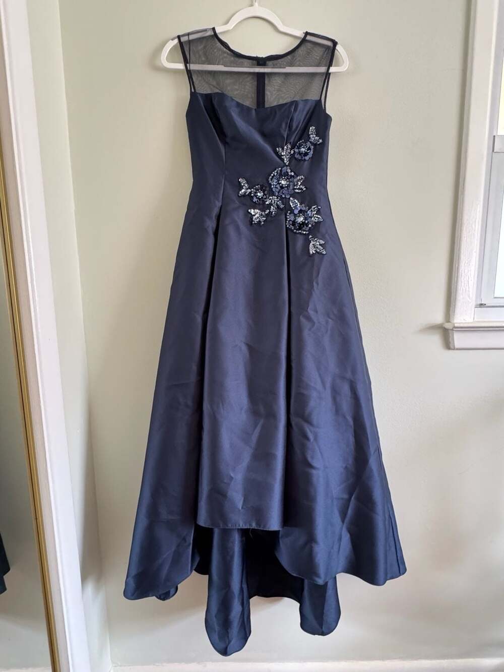 Adrianna Papell Navy Mikado Illusion High Low Evening Gown- Sequin Floral Appliq